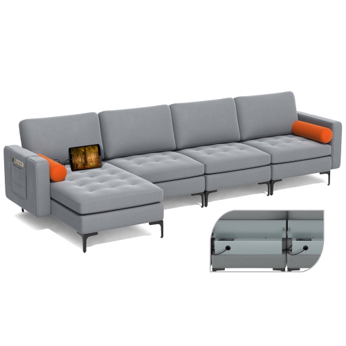 COSTWAY  Modular L-Shaped Sectional Sofa With Reversible Chaise & 4 USB Ports Ash In Grey