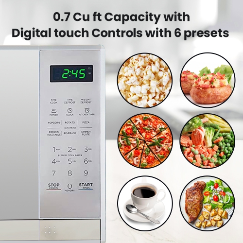 Total Chef Compact Countertop Microwave Oven, 700W, 0.7 Cu Ft Capacity, Digital Touchscreen Controls, 6 Pre-set Cooking Modes, Silver Stainless Steel