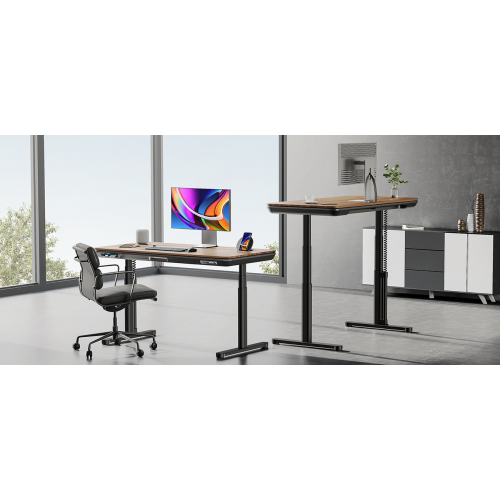 ErgoFx Adjustable Height Sit Stand Desk with Walnut Finish Top, Built In Wireless Charger, USB Ports, Integrated Power Strip and Cable Management