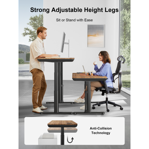 ErgoFx Adjustable Height Sit Stand Desk with Walnut Finish Top, Built In Wireless Charger, USB Ports, Integrated Power Strip and Cable Management