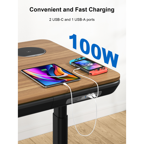 ErgoFx Adjustable Height Sit Stand Desk with Walnut Finish Top, Built In Wireless Charger, USB Ports, Integrated Power Strip and Cable Management