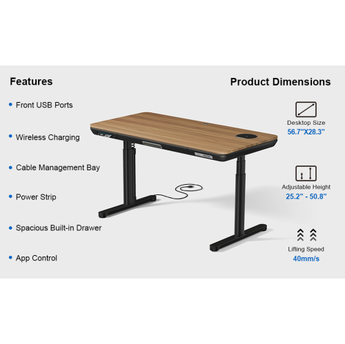 ErgoFx Adjustable Height Sit Stand Desk with Walnut Finish Top, Built In Wireless Charger, USB Ports, Integrated Power Strip and Cable Management