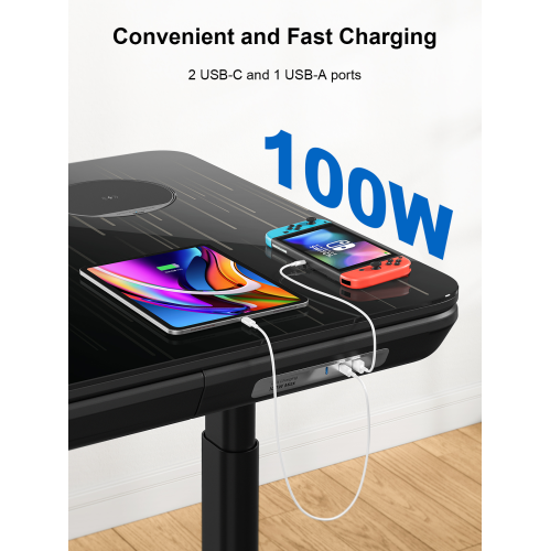 ErgoFx Adjustable Height Sit Stand Desk with Galaxy Glass, Built In Wireless Charger, USB Ports, Integrated Power Strip and Cable Management