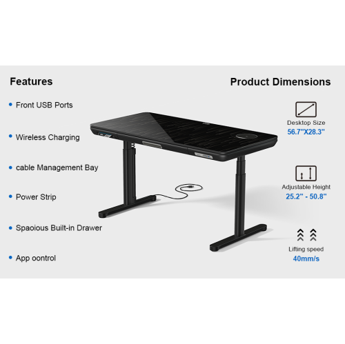 ErgoFx Adjustable Height Sit Stand Desk with Galaxy Glass, Built In Wireless Charger, USB Ports, Integrated Power Strip and Cable Management