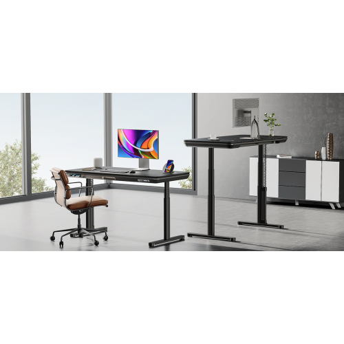 ErgoFx Adjustable Height Sit Stand Desk with Black Finish Top, Built In Wireless Charger, USB Ports, Integrated Power Strip and Cable Management