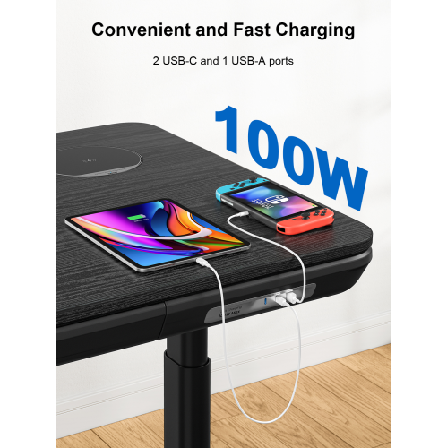ErgoFx Adjustable Height Sit Stand Desk with Black Finish Top, Built In Wireless Charger, USB Ports, Integrated Power Strip and Cable Management