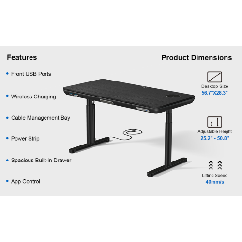 ErgoFx Adjustable Height Sit Stand Desk with Black Finish Top, Built In Wireless Charger, USB Ports, Integrated Power Strip and Cable Management