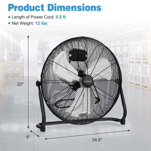 Costway 20 Inches High Velocity Floor Fan, Portable Pivoting Fan with 3 Powerful Speeds
