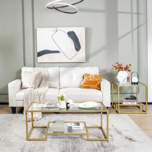 Costway Coffee Table Set of 3 Glass Modern Coffee Table & 2 Accent Table for Living Room