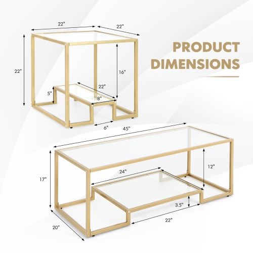 Costway Coffee Table Set of 3 Glass Modern Coffee Table & 2 Accent Table for Living Room