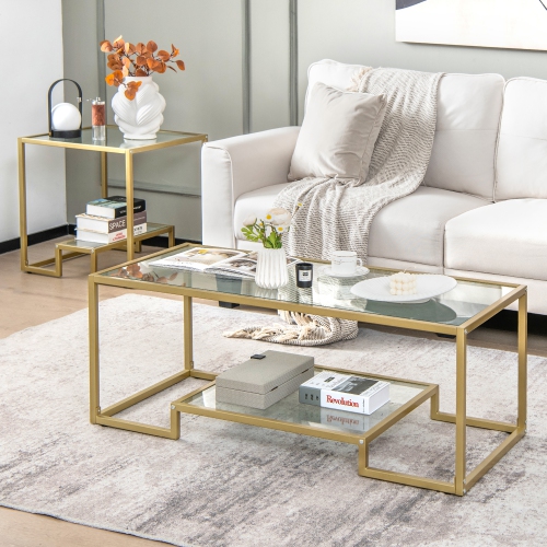 Costway Coffee Table Set of 3 Glass Modern Coffee Table & 2 Accent Table for Living Room