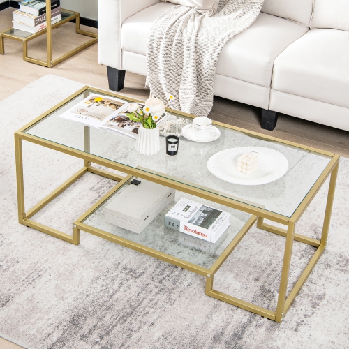 Costway Coffee Table Set of 3 Glass Modern Coffee Table & 2 Accent Table for Living Room