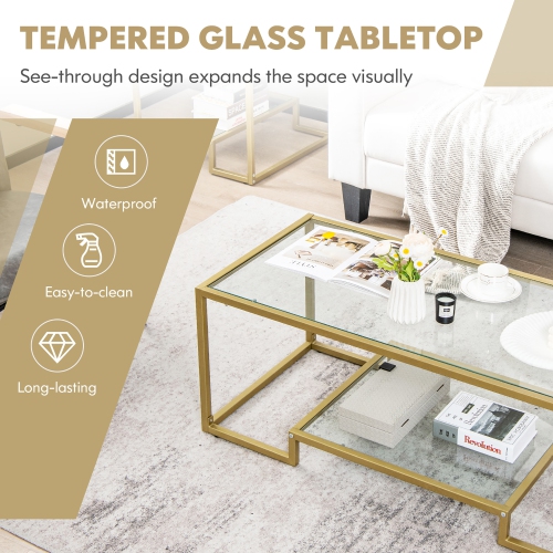 Costway Coffee Table Set of 3 Glass Modern Coffee Table & 2 Accent Table for Living Room