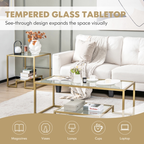 Costway Coffee Table Set of 3 Glass Modern Coffee Table & 2 Accent Table for Living Room