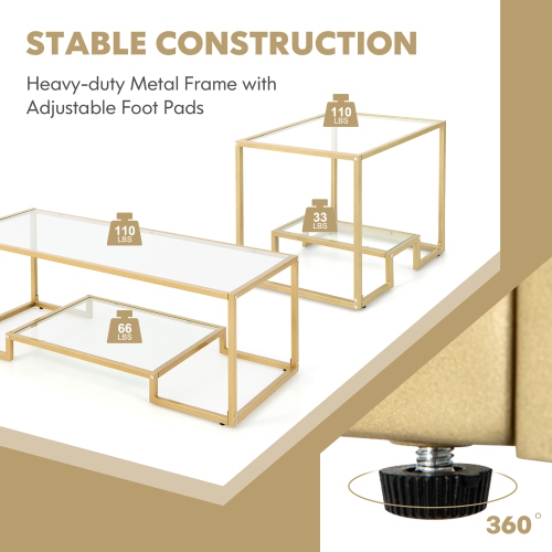 Costway Coffee Table Set of 3 Glass Modern Coffee Table & 2 Accent Table for Living Room