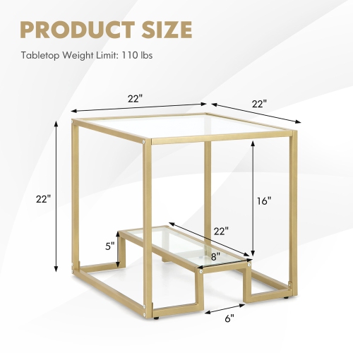 Costway 22" 2-Tier Sofa Side Table Square Metal Frame for Living Room Bedroom Bronze