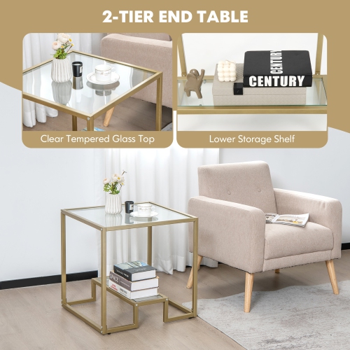 Costway 22" 2-Tier Sofa Side Table Square Metal Frame for Living Room Bedroom Bronze
