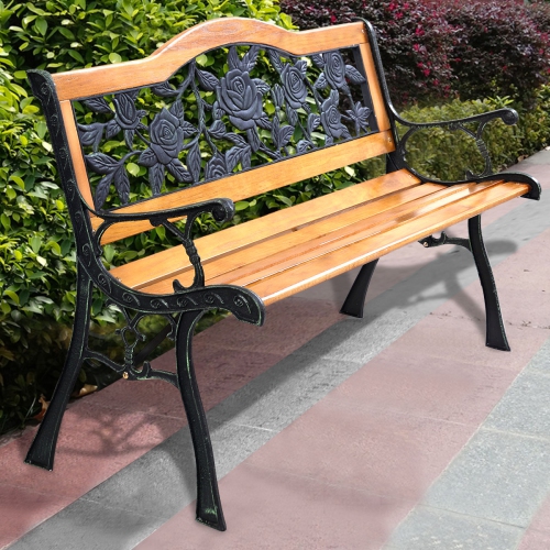 Topbuy Garden Cast Iron Bench Porch Path Loveseat Hardwood Chair for Patio Park