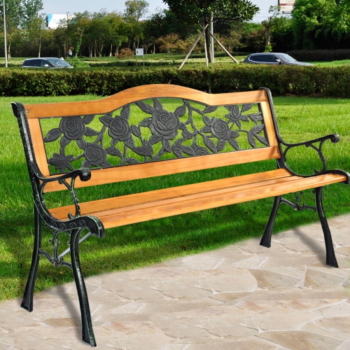 Topbuy Garden Cast Iron Bench Porch Path Loveseat Hardwood Chair for Patio Park