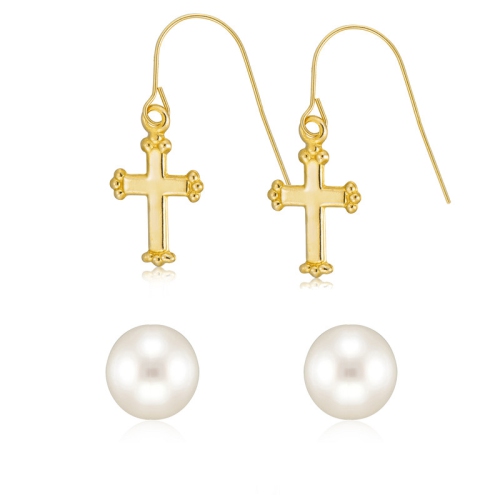14kt Yellow Gold Cross Drop And Pearl Stud