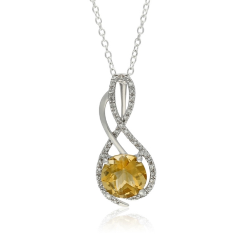 10kt 18" Checkerboard Citrine & Diamond Pendant White Necklace