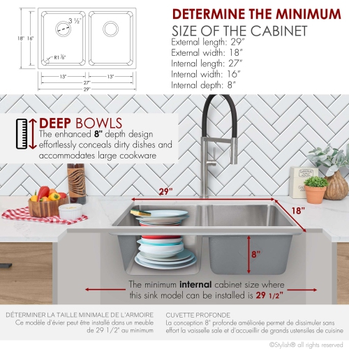 OPEN BOX A - Dual-Mount 30" Double-Bowl 18G Stainless Steel Kitchen Sink S-414T