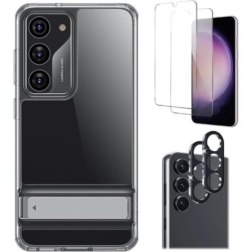 SAHARACASE  Samsung Galaxy S23 Protection Kit Bundle - Airshield Boost Kickstand Series Case With Tempered Glass Screen And Camera Protector - Clear