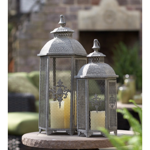 Set of 2 Antique Mesh Lantern Pillar Candle Lanterns 25.5"