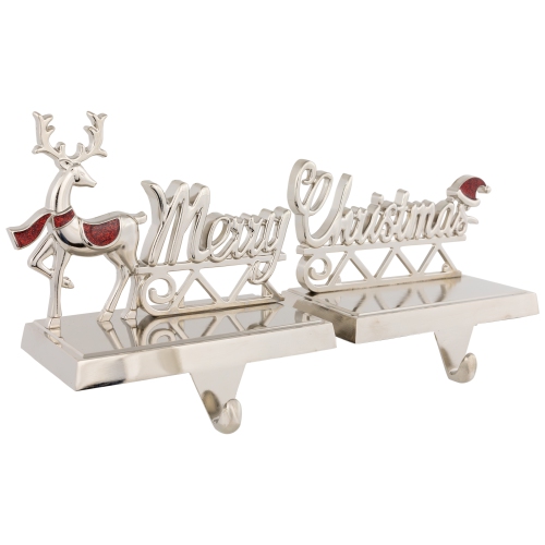 Set of 2 Silver Reindeer Merry Christmas Metal Stocking Holders 5.5"