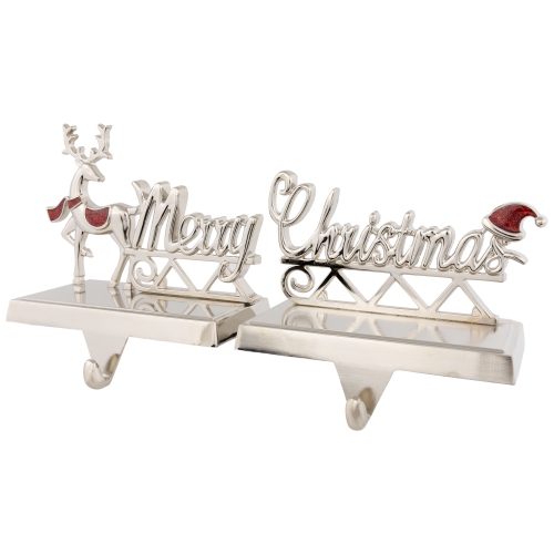 Set of 2 Silver Reindeer Merry Christmas Metal Stocking Holders 5.5"