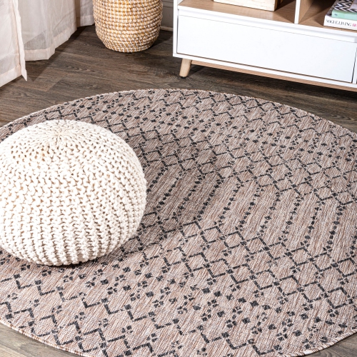 Ourika Moroccan Geometric Textured Weave Indoor/Outdoor Round Rug