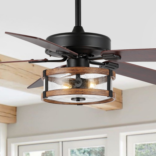 Joanna Rustic Industrial Iron/Woodseeded Glass Mobile Appremote Controlled LED Ceiling Fan