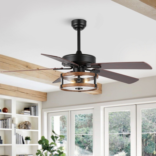 Joanna Rustic Industrial Iron/Woodseeded Glass Mobile Appremote Controlled LED Ceiling Fan