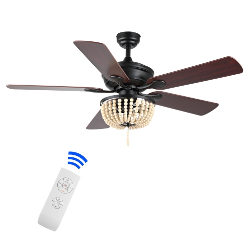 Erin Rustic Farmhouse Iron/Wood Bead Mobile Appremote Controlled LED Ceiling Fan