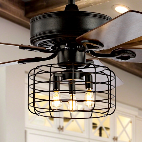 Asher Industrial Metal/Wood LED Ceiling Fan with Remote