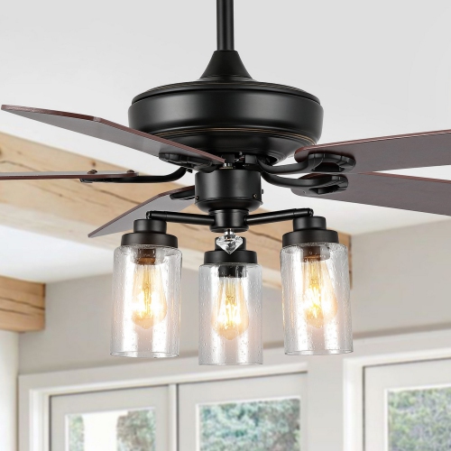 Lucas Rustic Industrial Iron/Woodseeded Glass Mobile Appremote Controlled LED Ceiling Fan