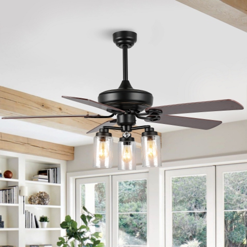 Lucas Rustic Industrial Iron/Woodseeded Glass Mobile Appremote Controlled LED Ceiling Fan