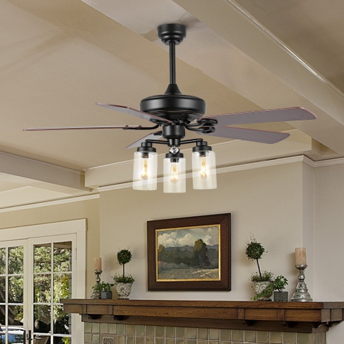 Lucas Rustic Industrial Iron/Woodseeded Glass Mobile Appremote Controlled LED Ceiling Fan