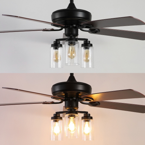 Lucas Rustic Industrial Iron/Woodseeded Glass Mobile Appremote Controlled LED Ceiling Fan