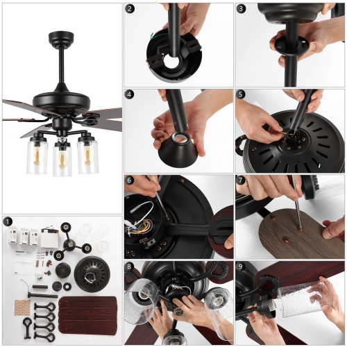 Lucas Rustic Industrial Iron/Woodseeded Glass Mobile Appremote Controlled LED Ceiling Fan