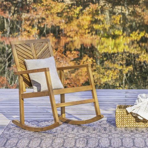 Ned Modern Chevron Back Acacia Wood Patio Outdoor Rocking Chair