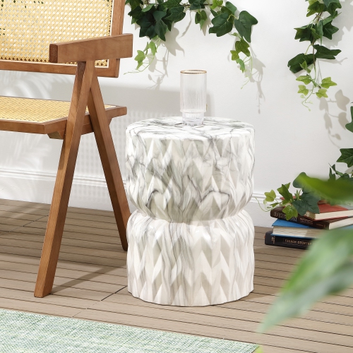 Chevron Drum White Marble Finish Ceramic Garden Stool