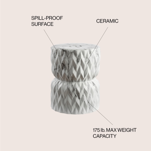 Chevron Drum White Marble Finish Ceramic Garden Stool