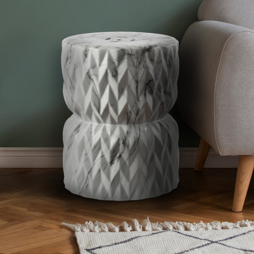 Chevron Drum White Marble Finish Ceramic Garden Stool