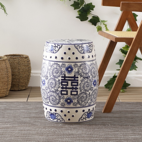 Double Happiness Chinoiserie Ceramic Drum Garden Stool