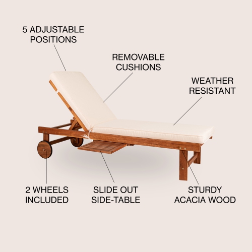 Seabrook Outdoor Acacia Lounger w/ Cushion,Slide Table, Wheel
