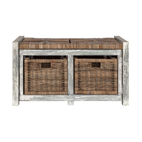 HAPPIMESS  Rustic 2-Drawer Wicker Storage Bench