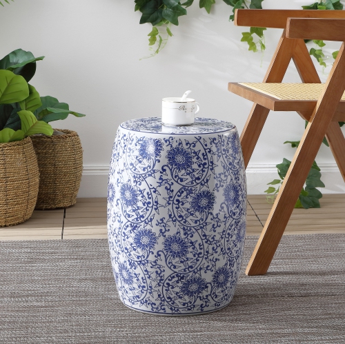 Lotus Blossom Chinoiserie Ceramic Drum Garden Stool