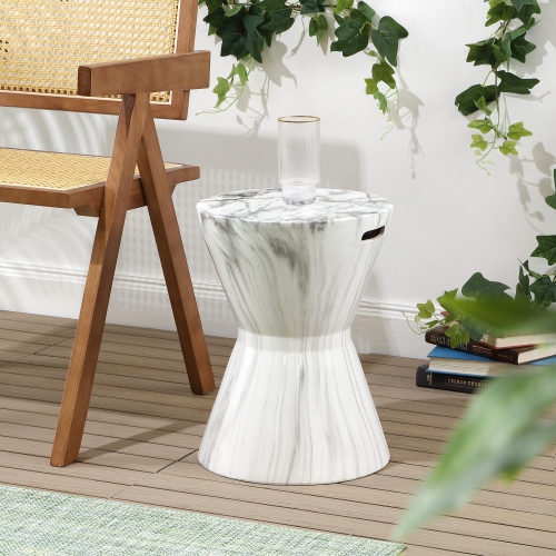 African Drum White Marble Finish Ceramic Garden Stool