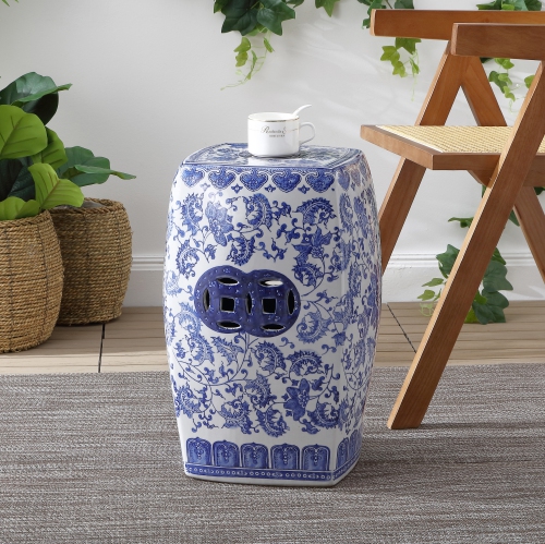 Floral Vine Chinoiserie Ceramice Square Garden Stool